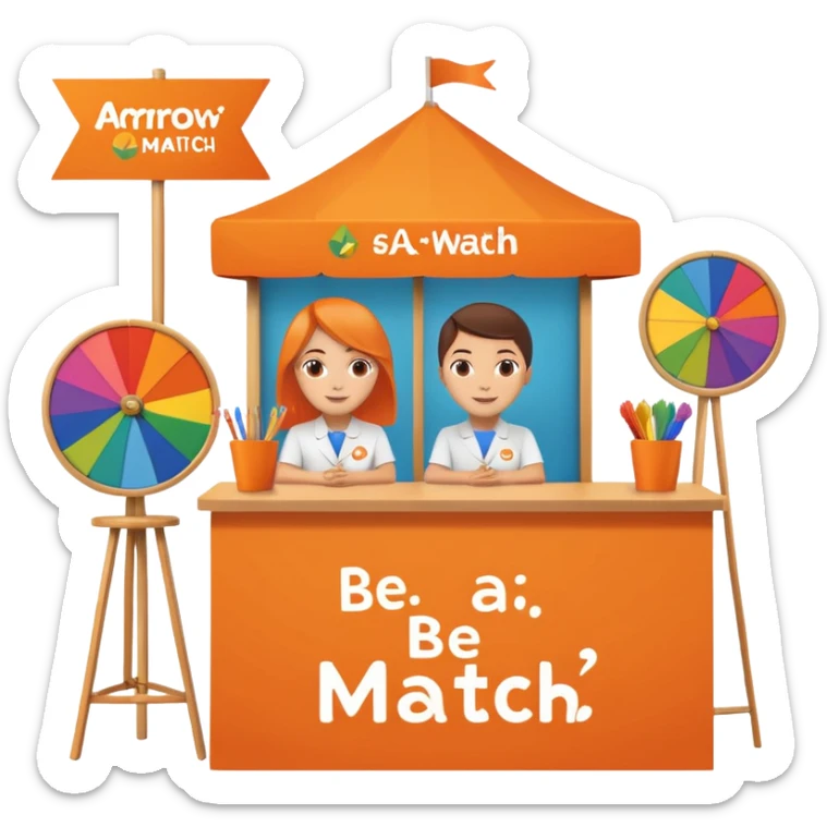 emoji of a recruitment booth. Two cartoon figures stand behind an orange table with 'MARROW, be a match' branding, a colorful spinning wheel, and a branded vertical banner. Simplified and cute. No fruit sticker