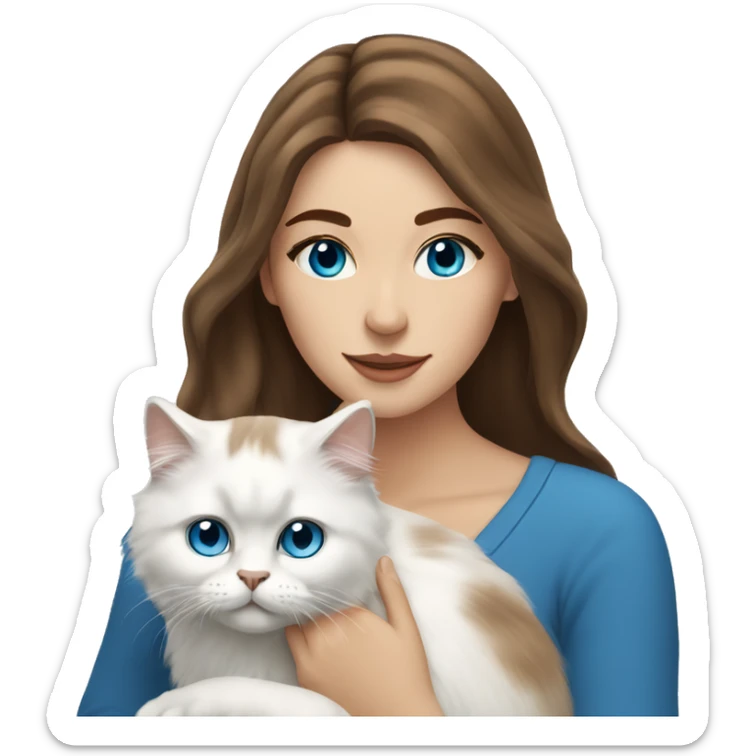 woman with long brown hair and holding a all white Siberian cat with blue eyes sticker
