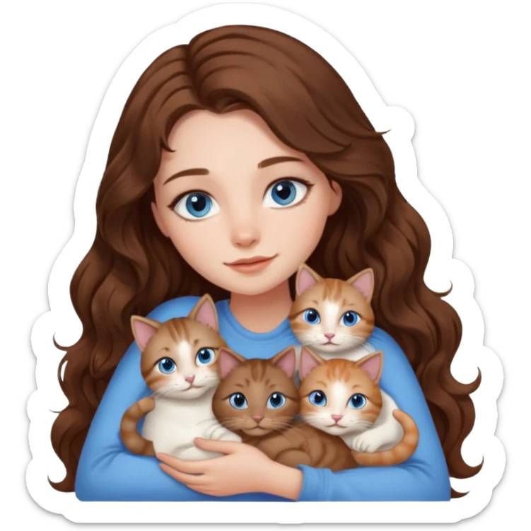 girl with long wavy brown hair, blue eyes, long lashes makeup, cuddling with 6 cats sticker