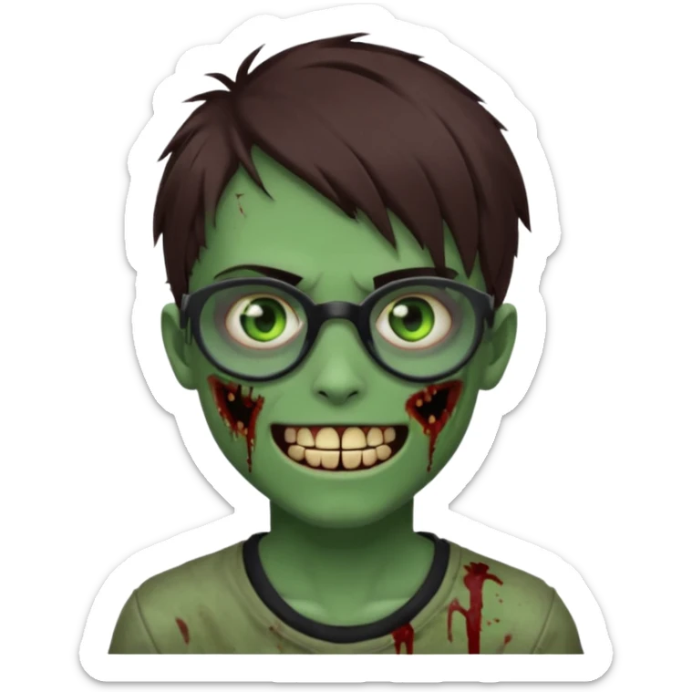 Zombie emo boy, green skin and brown hair and eyes, black glasses and a scary cut open smile, scars and blood under eyes sticker