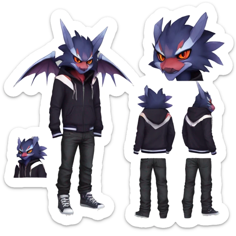 Cool Anthro Dark Absol-Noivern-Quilava-Litten-Pokémon with edgy stripes hoodie spiked collar punk Full Body sticker