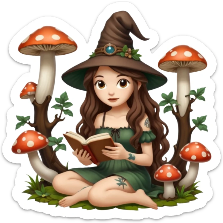 cute forest witch woman long wavy brown hair tattoos reading book on mushroom sticker