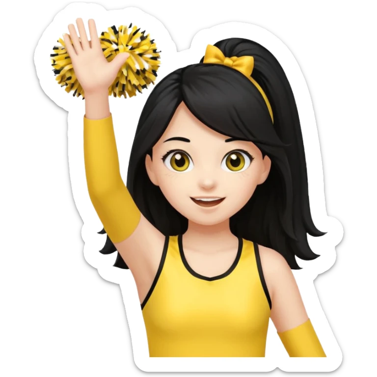 A long black hair teen girl waving pom-poms, eyes sparkling with excitement, yellow cheer leader top sticker