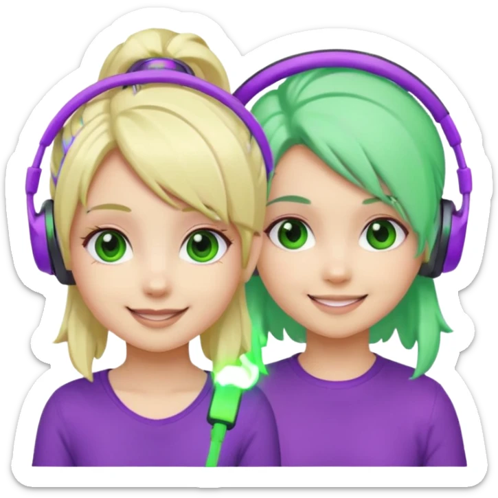 Make a blonde girl with green glowing headset on and a purple haired girl haveing fun , make them a chibi emoji page sticker