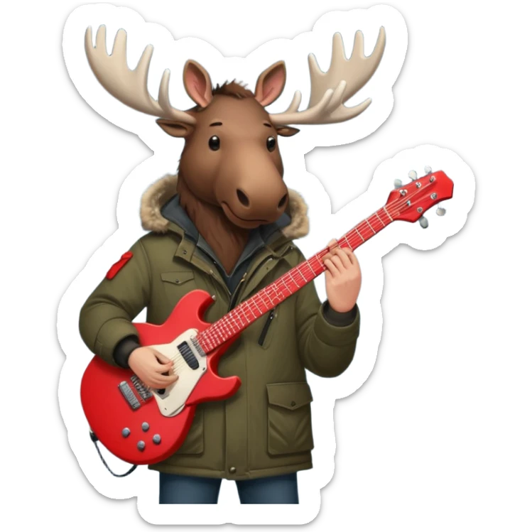  A man with the head of a moose playing a red electric guitar in Alaska. Give him a dark vibe and an attitude sticker