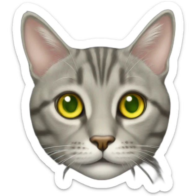 american short hair cat- tabby- a little bit fat- green yellow eyes- the distances between eyes is a little bit far- gray hair- fluffy- looks cute sticker