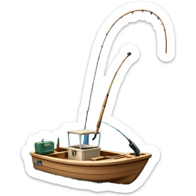 Icon for Fishing Travel: a boat on a calm lake surrounded by mountains and lush greenery, with fish jumping out of the water, a fishing rod, tackle box. The icon should capture the peaceful and adventurous nature of fishing trips. Transparent background. sticker
