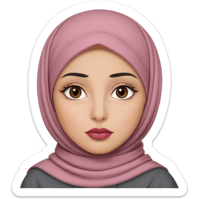 Emoji of a young woman with light-medium warm skin, slate-grey hijab, oval face, dark full brows, almond brown eyes, straight nose, full lips with matte rose lipstick. Expression: one eyebrow raised, flat mouth, skeptical like 🤨 sticker