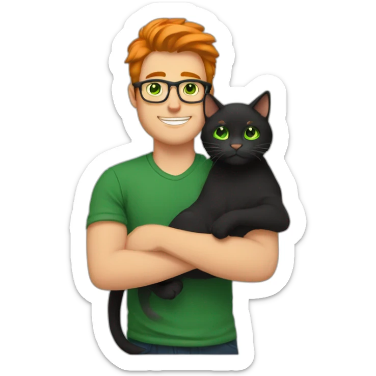 White guy with green eyes, black shirt hair and with glasses hug orange percian cat sticker