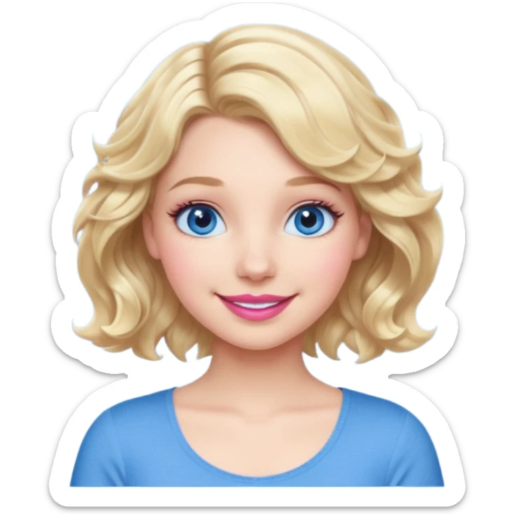 Girl Blonde short wavy hair,  blue eyes, cute blue top, long lashes, pink lips, 👄 big smile  sticker