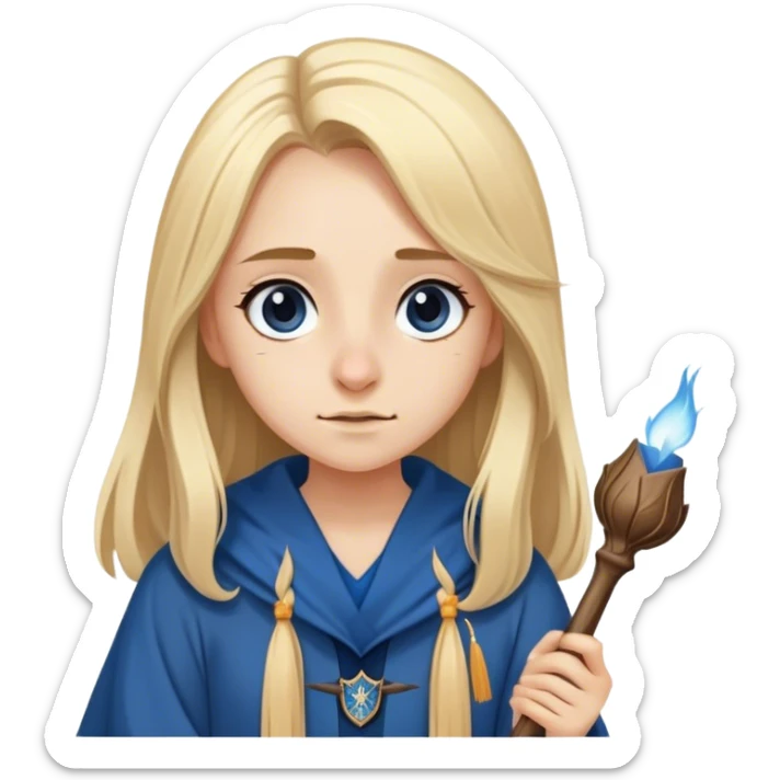 Girl with Long straight light blond hair hawky nose with a ravenclaw Robe and a wooden small wand sticker