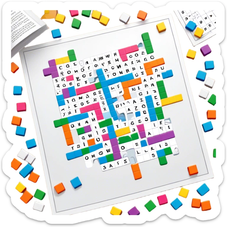 A photorealistic icon with a colorful, fragmented crossword magazine, a 3D puzzle, and a partially completed puzzle on a table. Bright, detailed design with realistic lighting. Transparent background, clearly symbolizing puzzles and brain games. sticker