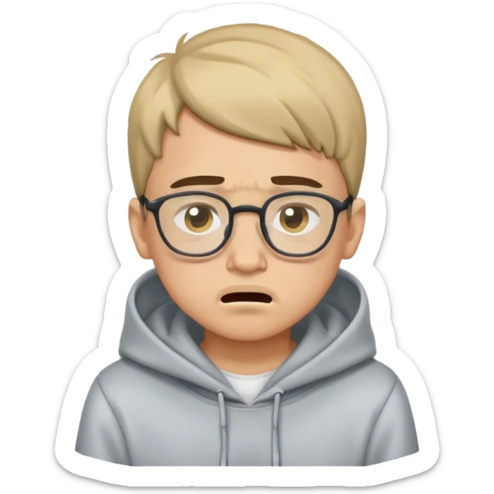 boy with glasses in hoodie and a two block haircut crying with a small mustache sticker