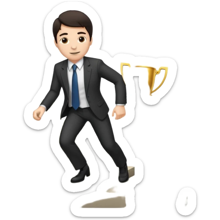 A man with fair skin and dark hair is climbing stairs to grab a trophy sticker