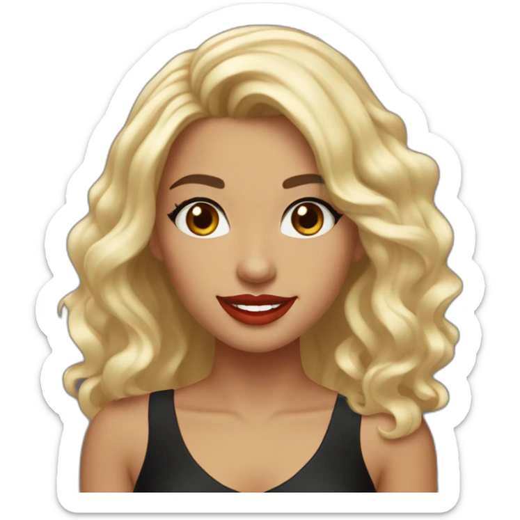 young moroccan woman with dark brown eyes, dark long curling hair with blond extrimity, red lips, big smile, black dress sticker