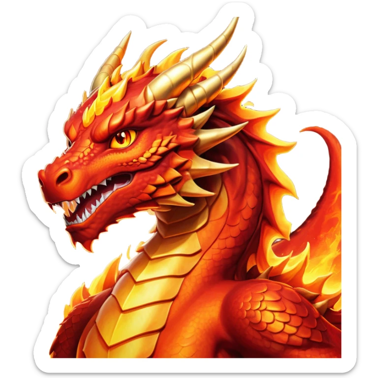 cinematic-noble-fierce-fire-dragon-portrait-emoji,-poised-and-imposing,-with-a-muscular,-scaled-body-ablaze-in-fiery-hues-of-crimson,-molten-orange,-and-molten-gold,-and-intense,-burning-eyes-that-mirror-the-heart-of-a-volcano;-rendered in detail sticker
