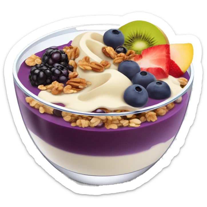 Açaí in a clear cup with layers of fruits and granola and condensed milk sticker