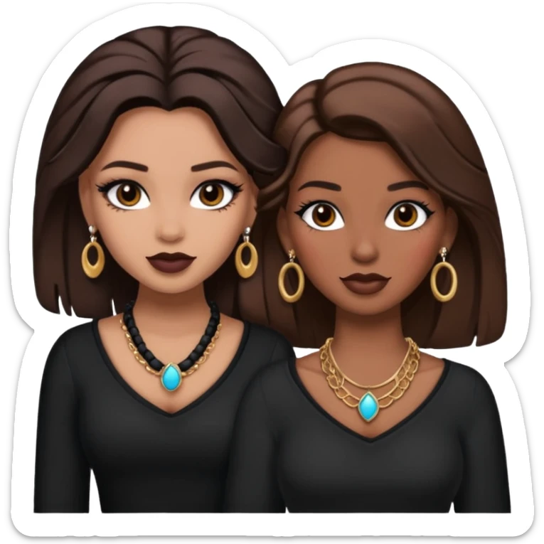 Boujy baddie best friends, trendy heavy makeup both dark hair one light skinned and one mocha brown pretty hair style both wearing black and earrings and necklace one mocha brown skin sticker