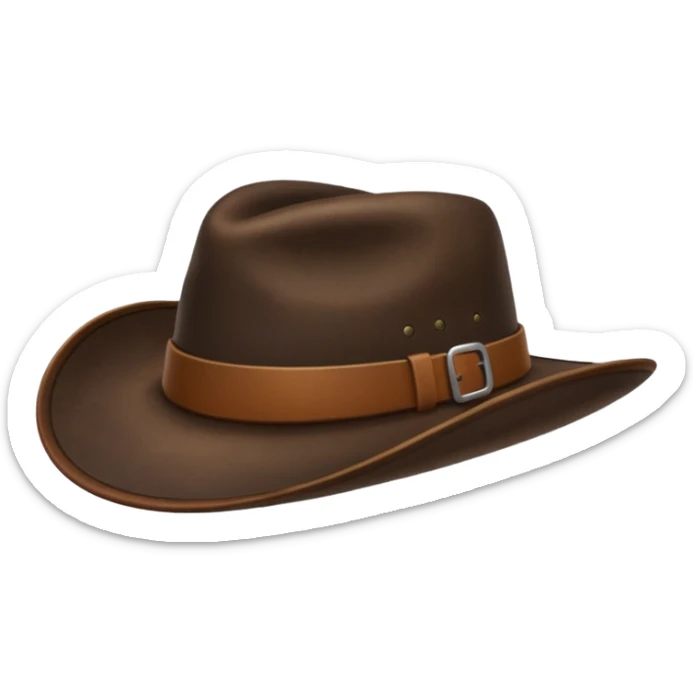 The hat is made of dark brown worn leather, wide-brimmed and slightly curved downward to protect from tropical sun and rain. sticker