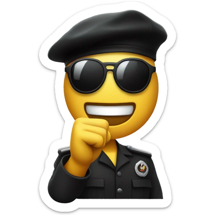 a smiley emoji with a black beret and black sunglasses and the righr fist in the air sticker