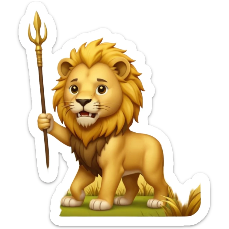 a fierce lion holding a spear in its mouth, standing in a savannah landscape, apple style emoji art sticker