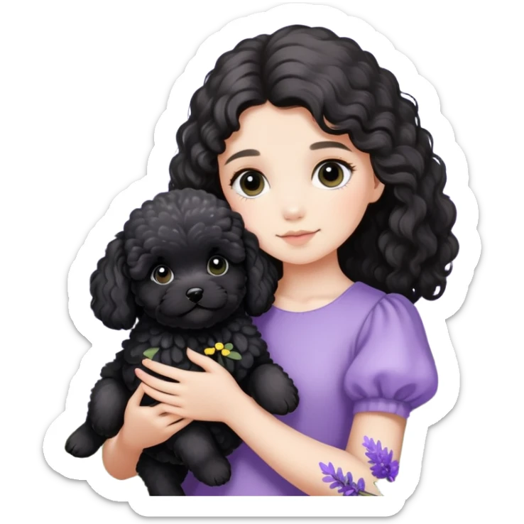 A long-haired girl holds a black maltipoo puppy in the lavender flowers sticker