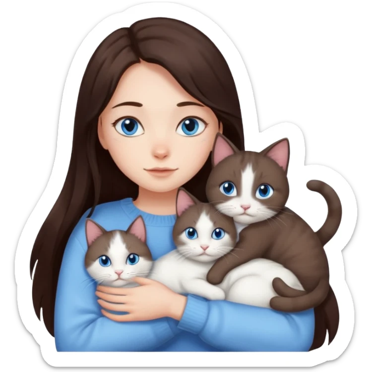 a girl with long dark 
brown hair, with blue eyes, in a
white sweater, hugs 3 different natural coloured cats sticker
