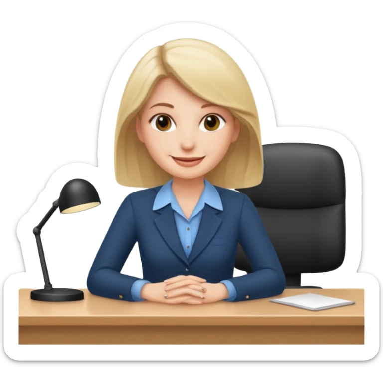 one white woman employee sitting in front of the desk sticker