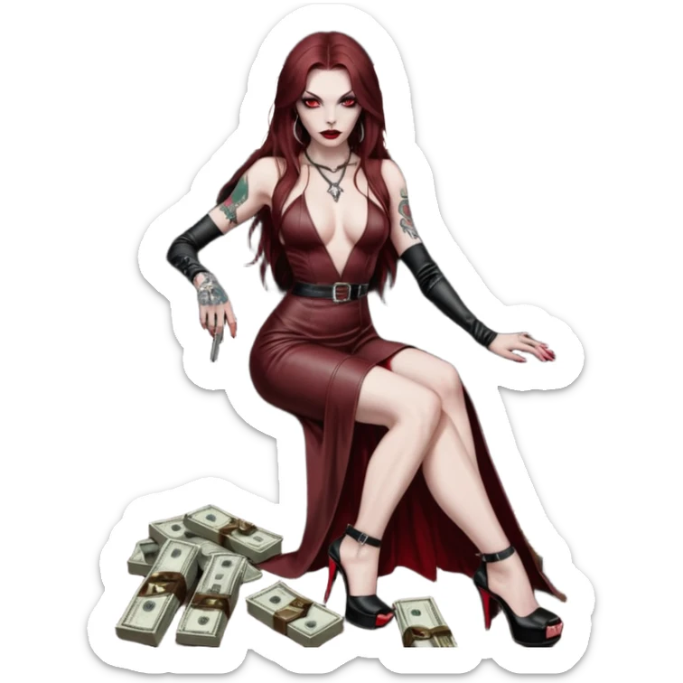 Lilith symbol red eye seductress evil long brown haired sexy succubus woman with leather long dress with slit, sitting in Big Large F350 pickup truck. Black Platform high heels on feet. Tattoo sleeve arms, seat full of stacks of cash, and a man dead human skull of her enemies and a gun in other hand sticker