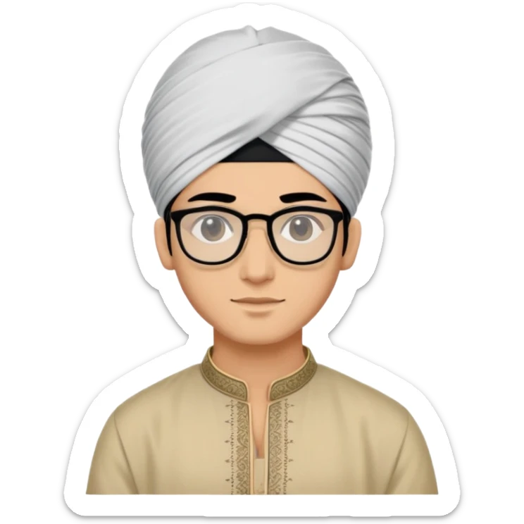 young man with wheatish skin tone, black hair, wearing kurta with rectangle glasses and traditional turban sticker