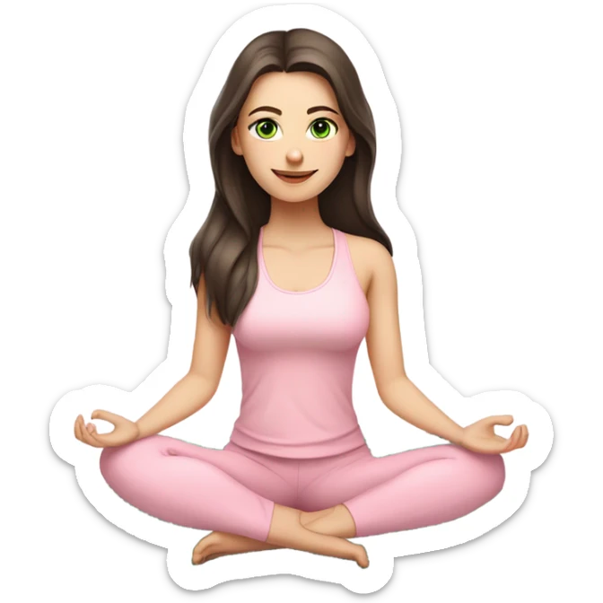 Dark brown long hair and green eyes yoga beautiful girl with pale skin in light pink pink pink clothes sitting on a yoga mat sticker