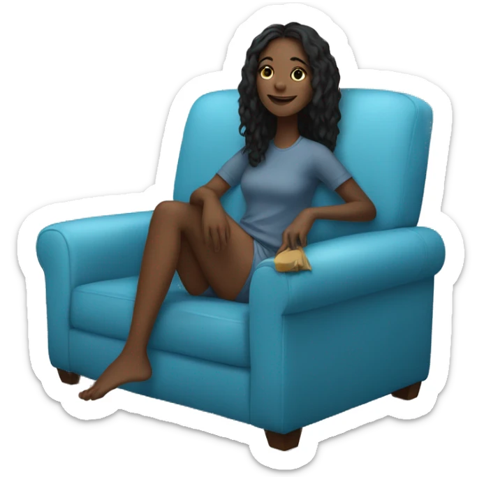 black girl, straight hair, lounging on a comfy blue couch, with her feet up, looking relaxed and happy sticker