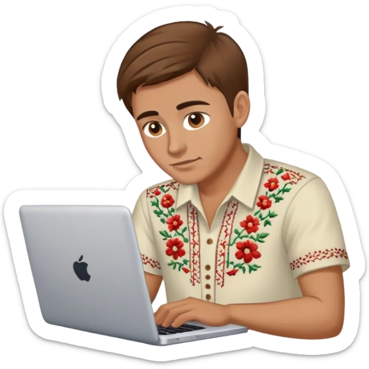 A Ukrainian guy with brown hair in an embroidered shirt works at his laptop sticker