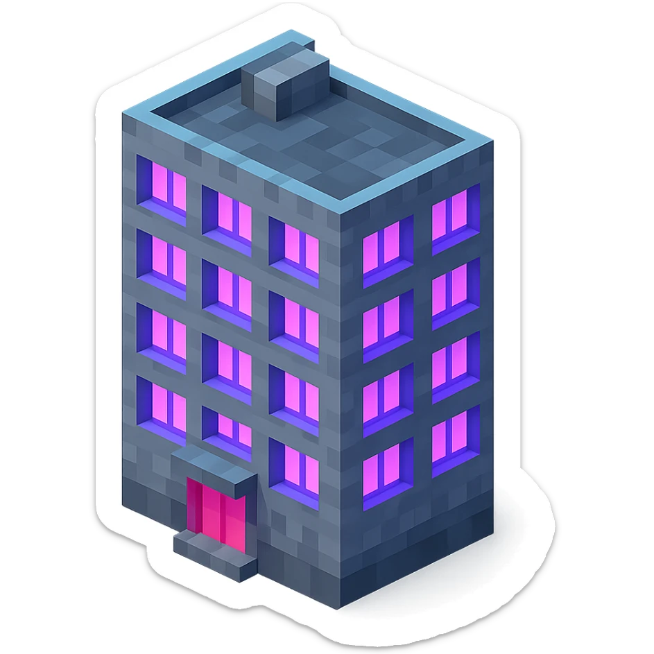 voxel style Russian panel apartment building with fewer blocks, gray concrete, windows glowing with ultraviolet (UV) color, isometric view sticker