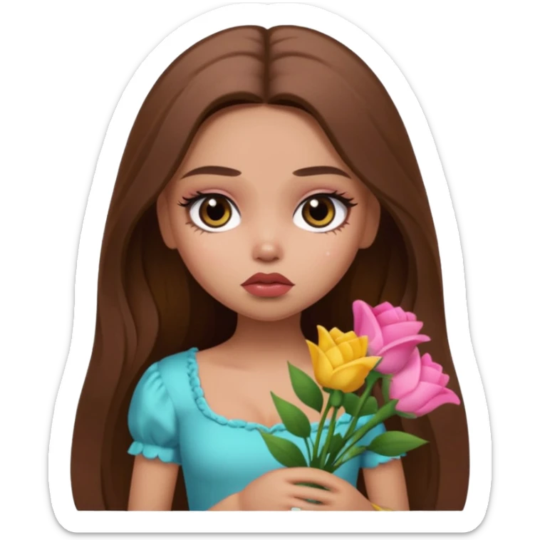 sad pretty bratz baddie, long brown hair holding flowers sticker