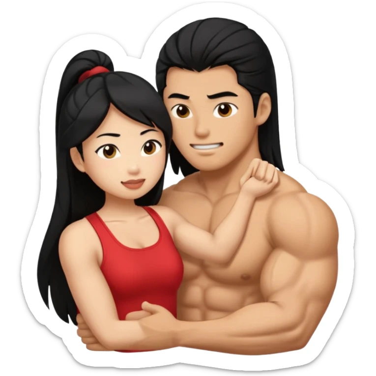 A muscular man emoji his tricep being sucked by a female asian emoji sticker