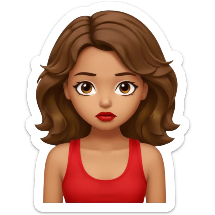 generate a pretty tan bratz girl with brown wavy hair long wearing a red tank top, red lipstick. Looking sad sticker