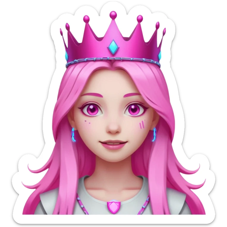 girl neon cyberpunk light pink happy long hair crown white and pink sticker
