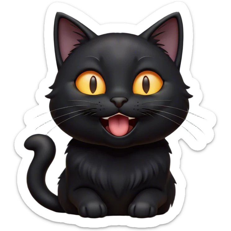 Cinematic Cute Black Cat Portrait Emoji, Head tilted playfully and yawning, sleek black fur with subtle hints of dark gray, Simplified yet adorable features, highly detailed, glowing with a warm, friendly glow, high shine, curious and affectionate, stylized with a touch of whimsy, bright and alert, soft glowing outline, capturing the essence of a mischievous yet loving kitten, so endearing it feels like it could leap out of the screen and stretch! sticker