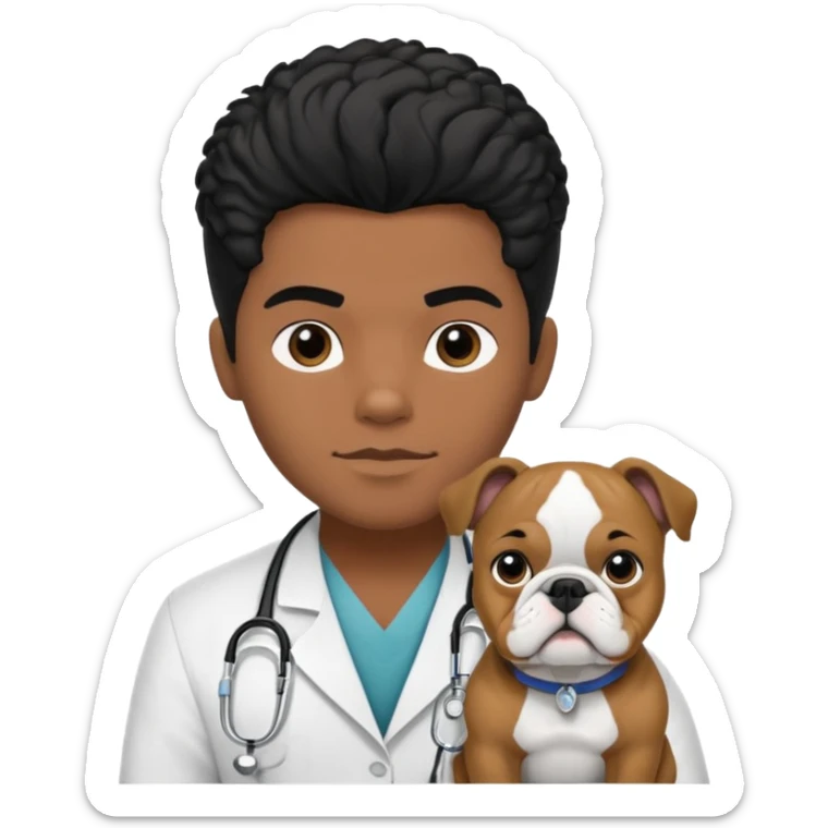 joven médico con el pelo un poco largo pero no tanto y lacio, que tenga un estetoscopio de color de piel tez negra calida !!! que sostiene un bulldog francés blanco y negro  sticker