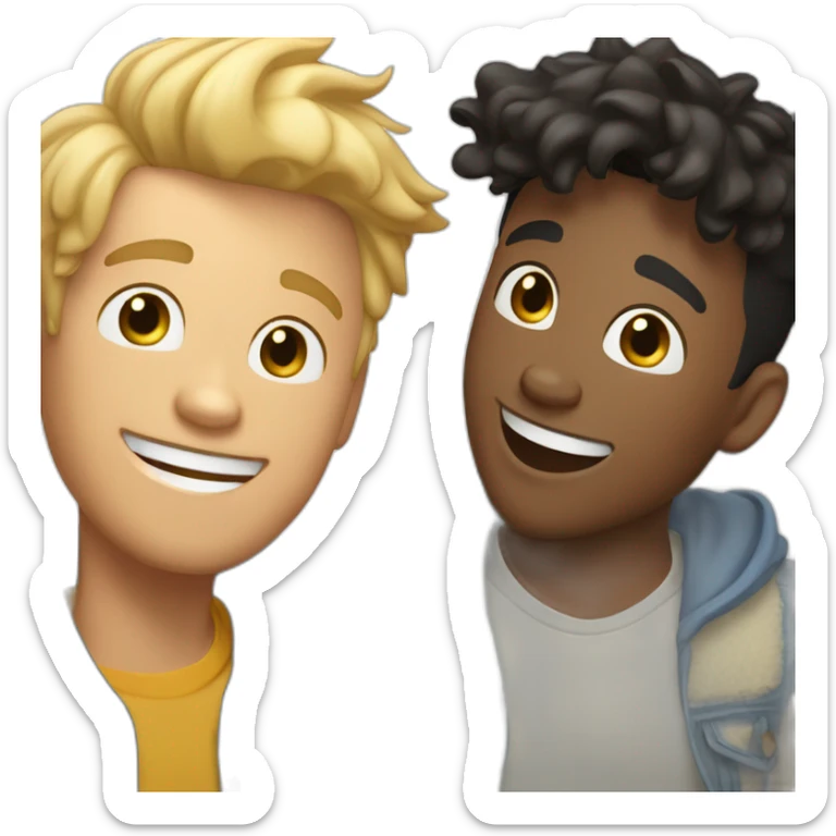 Gay couple, 1 guy Latino black straight hair and 1 Australian guy with blonde slightly curly hair laughing full body and a cat in the middle sticker