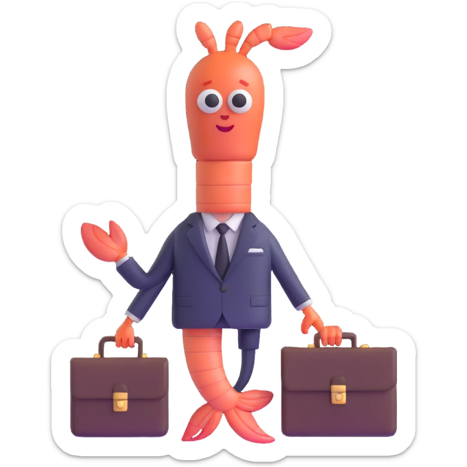 shrimp wearing business suit with briefcase, businessman shrimp, memoji style sticker