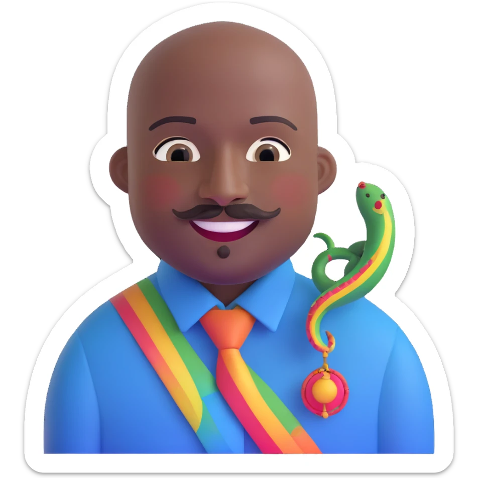Oxumarê as a very happy and spontaneous smiling 37-year-old bald man with very dark skin, smooth oval head, indigenous facial features, mustache with circular beard only on chin (no hair on sides), a round mole on the right side below the lip, wearing a blue striped dress shirt, and a rainbow serpent, Memoji style sticker