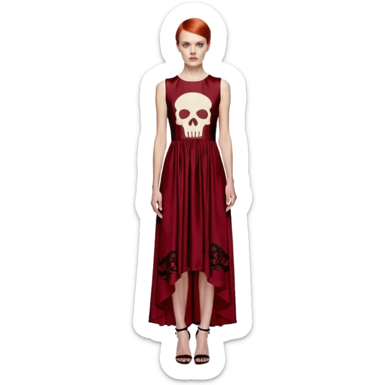 No human figures, Alexander MacQueen's Women's Skull Print Evening Dress in Oxblood, sleeveless evening dress featuring an all-over fiery red Skull print. sticker