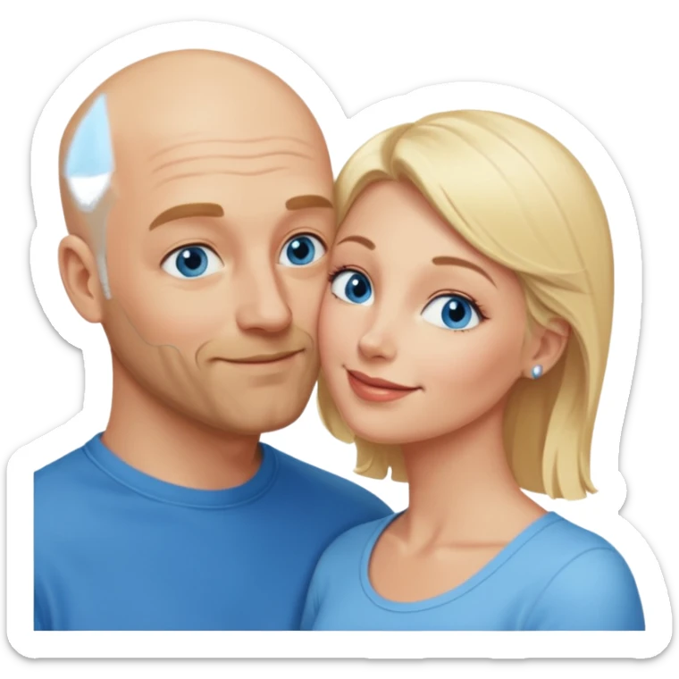 middle age bald man with salt and blonde scruff, blue eyes and blonde woman with blue eyes kissing each other sticker