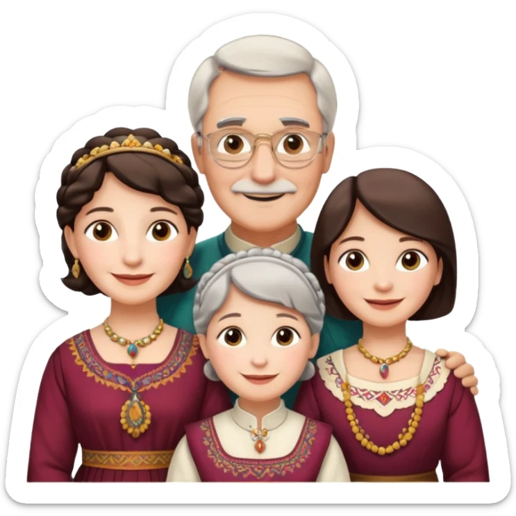 Indiana family with a 70 years old father and mother and a 40 years old daughter. They wear a traditional dress. They are smiling. sticker