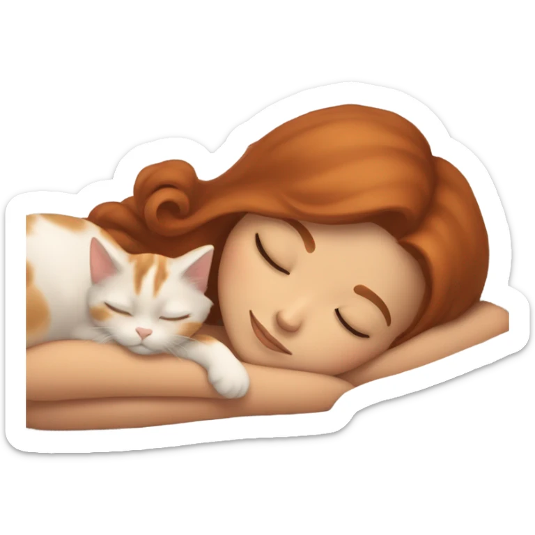 tan skin girl with auburn hair sleeping with calico kitty sticker