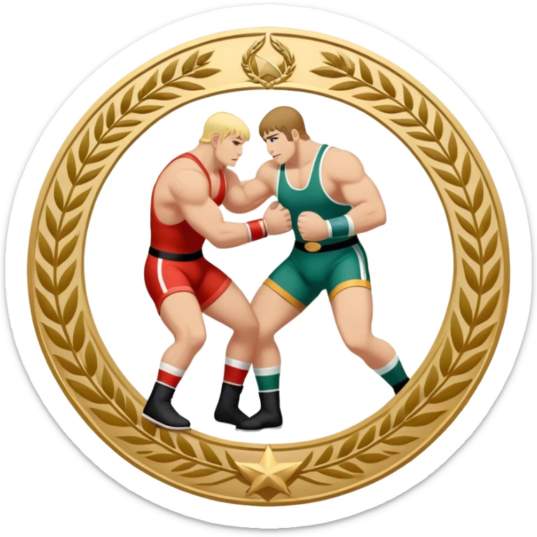 An icon symbolizing wrestling combat sports in the style of an emblem. The design features two wrestlers locked in a powerful grapple, one attempting to take the other down. Surrounding the scene are stylized elements like a championship belt, wrestling mat, and a laurel wreath.  sticker