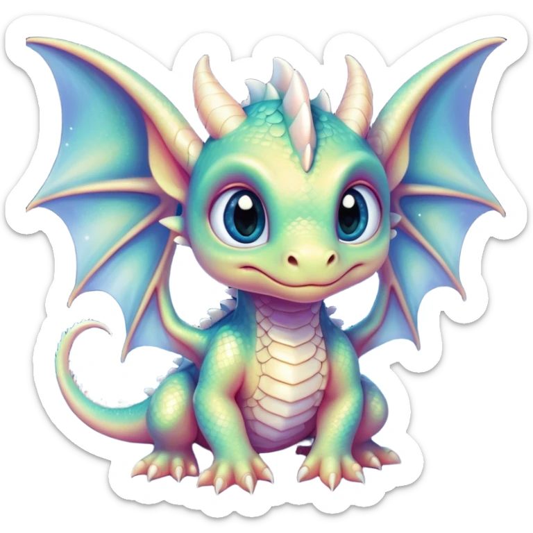 Airbrush painted image of an adorable little baby dragon with large glistening eyes under a deep galactic sky with pearlescent scales and wings spread against the stars sticker