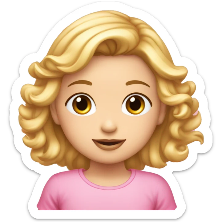 Niña rubia con pelo rizado, coleta arriba rosa, nariz redondita y ojos marrones. Camiseta rosA. sticker